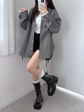 「tiptop（ティップトップ）の襟レイヤードマルチWAYシャツ（シャツ/ブラウス、ホワイト系）」を使った、mameさん（レディース・155cm）の夏コーディネート