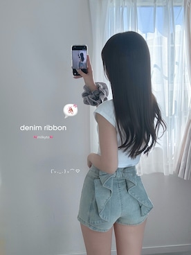 「3coins（3coins）のギンガムチェックバイカラーシュシュ（シュシュ、その他）」を使った、mameさん（レディース・155cm）の夏コーディネート
