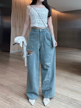 「rumnel:（ルムネル）のラインストーンダメージデニムパンツ / Rhinestone Damage Denim Pants（デニムパンツ、ブルー系）」を使った、mameさん（レディース・155cm）の夏コーディネート
