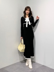 バイカラーリボンリブニットワンピース｜マーキュリーデュオ