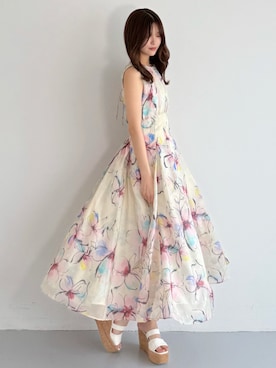「MERCURYDUO（マーキュリーデュオ）のフラワータックギャザーワンピース（ワンピース、ホワイト系）」を使った、mihoさん（レディース・163cm）の春コーディネート