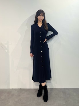 「MERCURYDUO（マーキュリーデュオ）のワイドリブスキッパーニットワンピース（ワンピース、ブルー系）」を使った、mihoさん（レディース・163cm）の秋コーディネート