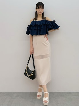 「アイテム（スカート、ピンク系）」を使った、mihoさん（レディース・163cm）の夏コーディネート