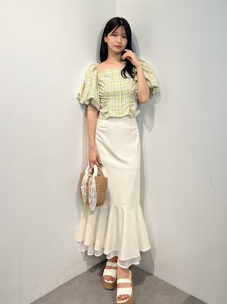 「MERCURYDUO(マーキュリーデュオ)の2WAYチェックオフショルベアブラウス(シャツ/ブラウス)」を使った、mihoさん(レディース・163cm)の夏コーディネート
