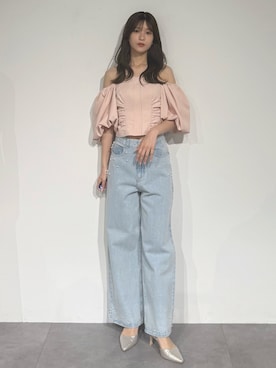 「MERCURYDUO（マーキュリーデュオ）の2WAYラメツイルオフショルベアブラウス（シャツ/ブラウス、ピンク系）」を使った、mihoさん（レディース・163cm）の夏コーディネート