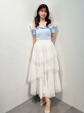 「MERCURYDUO（マーキュリーデュオ）の2WAY異素材ランダムラッフルショートスリーブニッ（ニット/セーター、ブルー系）」を使った、mihoさん（レディース・163cm）の夏コーディネート