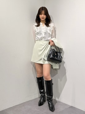 「MERCURYDUO（マーキュリーデュオ）のシフォンロングスリーブラッフルブラウス（シャツ/ブラウス、その他）」を使った、mihoさん（レディース・163cm）の春コーディネート
