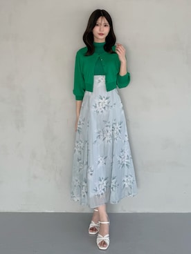 「MERCURYDUO（マーキュリーデュオ）の2WAYシアーコンパクトカーディガン（カーディガン/ボレロ、グリーン系）」を使った、mihoさん（レディース・163cm）の春コーディネート