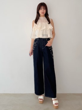 「MERCURYDUO（マーキュリーデュオ）のクリアベルトウェッジサンダル（サンダル、ホワイト系）」を使った、mihoさん（レディース・163cm）の春コーディネート