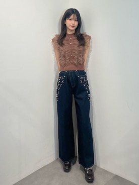 「MERCURYDUO（マーキュリーデュオ）のチュールフリルニット（ニット/セーター、ブラウン系）」を使った、mihoさん（レディース・163cm）の夏コーディネート