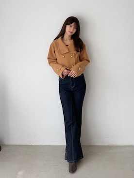 「MERCURYDUO（マーキュリーデュオ）の2wayショートコート（ピーコート、ブラウン系）」を使った、mihoさん（レディース・163cm）の秋コーディネート