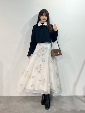 「MERCURYDUO（マーキュリーデュオ）のレースカラーショートジャケット（その他アウター、ブラック系）」を使った、mihoさん（レディース・163cm）の秋コーディネート