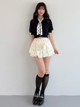 「MERCURYDUO（マーキュリーデュオ）のスカーフ付きトップス（ニット/セーター、ブルー系）」を使った、mihoさん（レディース・163cm）の夏コーディネート