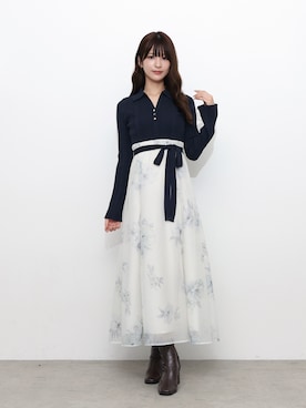 「MERCURYDUO（マーキュリーデュオ）のストレッチロングブーツ（ブーツ、ブラウン系）」を使った、mihoさん（レディース・163cm）の秋コーディネート
