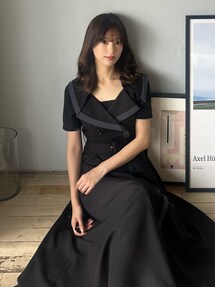 バイカラーハーフスリーブトレンチフレアワンピース｜マーキュリー