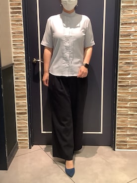 「TOKYO SHIRTS（トウキョウシャツ）の【吸水速乾】【COFREX】スタンド衿 ピンタック ブラウス 五分袖 レディースデザインシャツ（シャツ/ブラウス、ブルー系）」を使った、BRICK HOUSE by Tokyo Shirts さいたま新都心コクーン店さん（レディース・163cm）の夏コーディネート