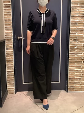 「TOKYO SHIRTS（トウキョウシャツ）のドライレーヨン ボウタイ プルオーバー（ニット/セーター、ブルー系）」を使った、BRICK HOUSE by Tokyo Shirts さいたま新都心コクーン店さん（レディース・163cm）の夏コーディネート