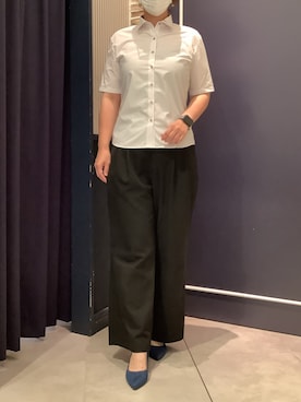 「TOKYO SHIRTS（トウキョウシャツ）の【吸水速乾】 形態安定ノンアイロン ワイド 5分袖ビジネスワイシャツ（ビジネスシャツ、ピンク系）」を使った、BRICK HOUSE by Tokyo Shirts さいたま新都心コクーン店さん（レディース・163cm）の夏コーディネート
