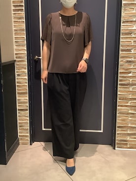 「TOKYO SHIRTS（トウキョウシャツ）の袖プリーツ ジョーゼット ブラウス 五分袖（シャツ/ブラウス、ブラウン系）」を使った、BRICK HOUSE by Tokyo Shirts さいたま新都心コクーン店さん（レディース・163cm）の夏コーディネート