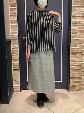 「TOKYO SHIRTS（トウキョウシャツ）のストライプ シフォンブラウス（シャツ/ブラウス、ブルー系）」を使った、BRICK HOUSE by Tokyo Shirts さいたま新都心コクーン店さん（レディース・163cm）の春コーディネート