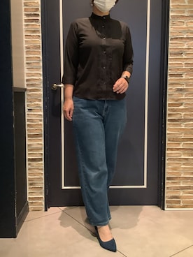 「TOKYO SHIRTS（トウキョウシャツ）の【吸水速乾】【COFREX】スタンド タック ブラウス 七分袖 レディースデザインシャツ（シャツ/ブラウス、ブラック系）」を使った、BRICK HOUSE by Tokyo Shirts さいたま新都心コクーン店さん（レディース・163cm）の夏コーディネート