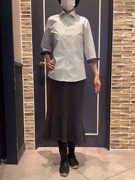 「TOKYO SHIRTS（トウキョウシャツ）の【透け防止】 形態安定ノンアイロン ワイド 7分袖ビジネスワイシャツ（ビジネスシャツ、パープル系）」を使った、BRICK HOUSE by Tokyo Shirts さいたま新都心コクーン店さん（レディース・163cm）の夏コーディネート