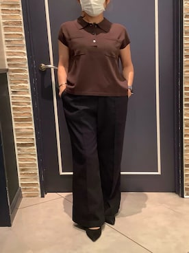 「TOKYO SHIRTS（トウキョウシャツ）のドライレーヨン 半袖 ポロ衿 プルオーバー（ニット/セーター、ブラウン系）」を使った、BRICK HOUSE by Tokyo Shirts さいたま新都心コクーン店さん（レディース・163cm）の夏コーディネート
