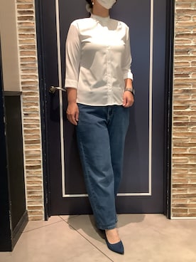 「TOKYO SHIRTS（トウキョウシャツ）の【吸水速乾】【COFREX】スタンド ピコレース ブラウス 七分袖 レディースデザインシャツ（シャツ/ブラウス、ホワイト系）」を使った、BRICK HOUSE by Tokyo Shirts さいたま新都心コクーン店さん（レディース・163cm）の夏コーディネート