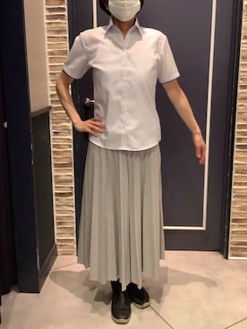 「TOKYO SHIRTS（トウキョウシャツ）の【吸水速乾】 形態安定ノンアイロン スキッパー 半袖ビジネスワイシャツ（ビジネスシャツ、パープル系）」を使った、BRICK HOUSE by Tokyo Shirts さいたま新都心コクーン店さん（レディース・163cm）の夏コーディネート