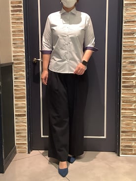 「TOKYO SHIRTS（トウキョウシャツ）の【透け防止】 形態安定ノンアイロン ワイド 7分袖ビジネスワイシャツ（ビジネスシャツ、パープル系）」を使った、BRICK HOUSE by Tokyo Shirts さいたま新都心コクーン店さん（レディース・163cm）の夏コーディネート