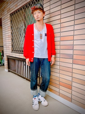 「アイテム（カーディガン/ボレロ）」を使った、松野浩介(THE だいじょぶズ)さん（メンズ・165cm）の春コーディネート