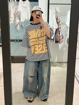「CIAOPANIC（チャオパニック）のスーパーBIGボーダーロゴTee（Tシャツ/カットソー、イエロー系）」を使った、gnk93さん（レディース・164cm）の春コーディネート