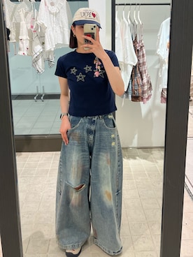 「CIAOPANIC（チャオパニック）の【2サイズ展開】スターワッペンTee（Tシャツ/カットソー、ブルー系）」を使った、gnk93さん（レディース・164cm）の春コーディネート
