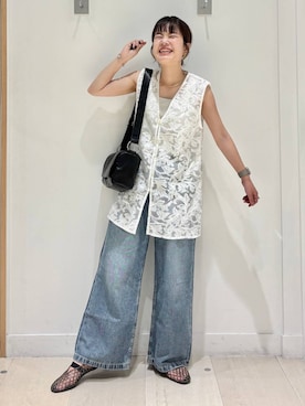 「GLOBAL WORK（グローバルワーク）のカットワークレースベスト/1046305（ベスト、ホワイト系）」を使った、しらがさん（レディース・158cm）の夏コーディネート