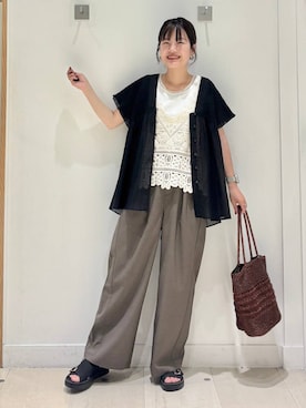 「GLOBAL WORK（グローバルワーク）のノンストレスリッチワイドパンツ/632962（その他パンツ、ブラウン系）」を使った、しらがさん（レディース・158cm）の夏コーディネート