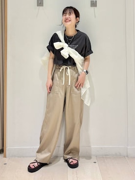 「GLOBAL WORK（グローバルワーク）のシルキータッチシアーシャツ長袖/636668（シャツ/ブラウス、ホワイト系）」を使った、しらがさん（レディース・158cm）の夏コーディネート