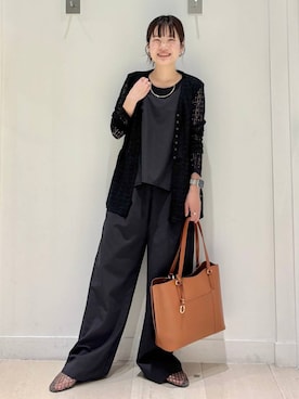 「GLOBAL WORK（グローバルワーク）のシャーリングレースペプラム/1046552（Tシャツ/カットソー、ブラック系）」を使った、しらがさん（レディース・158cm）の夏コーディネート