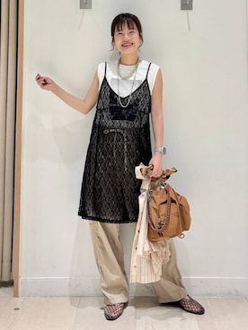 「GLOBAL WORK（グローバルワーク）のシルキータッチシアーシャツ5分袖/636672（シャツ/ブラウス、ベージュ系）」を使った、しらがさん（レディース・158cm）の夏コーディネート