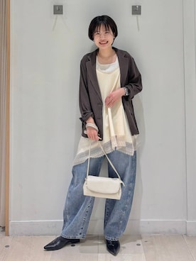 「GLOBAL WORK（グローバルワーク）のスペ軽お財布ショルダー2/580785（ショルダーバッグ、ベージュ系）」を使った、しらがさん（レディース・158cm）の春コーディネート