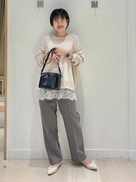 「GLOBAL WORK（グローバルワーク）のウツクシルエットWクロスイージーストレートパンツ/601347（その他パンツ、ブラウン系）」を使った、しらがさん（レディース・158cm）の春コーディネート