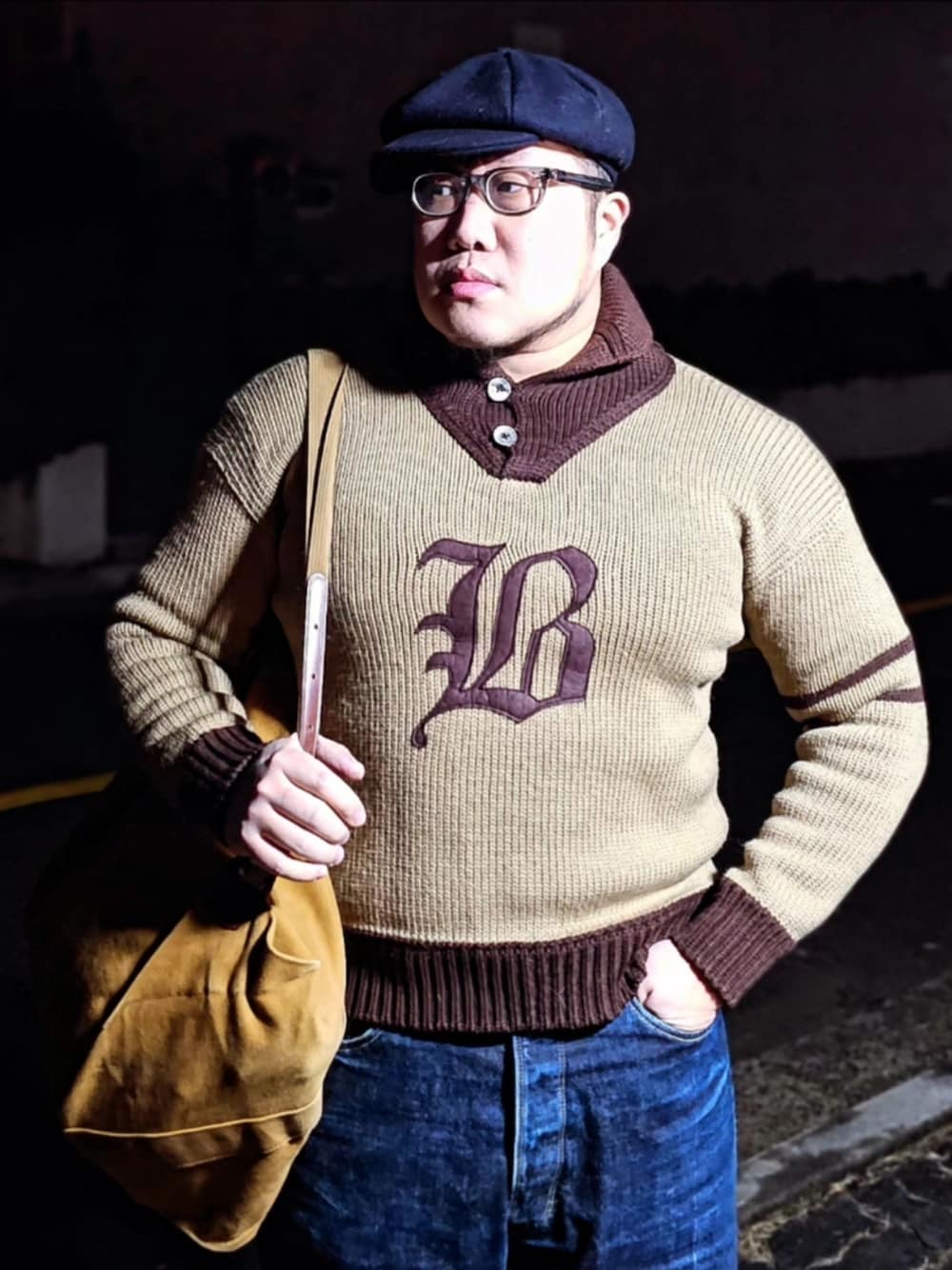「At last&co、アットラスト、butcherproducts、timewornclothing、90sconvers、アメカジ」｜「At Last&Coのアイテム（ニット/セーター、ベージュ系）」を使った、Herringさん（メンズ・178cm）の冬コーディネートの1枚目の写真