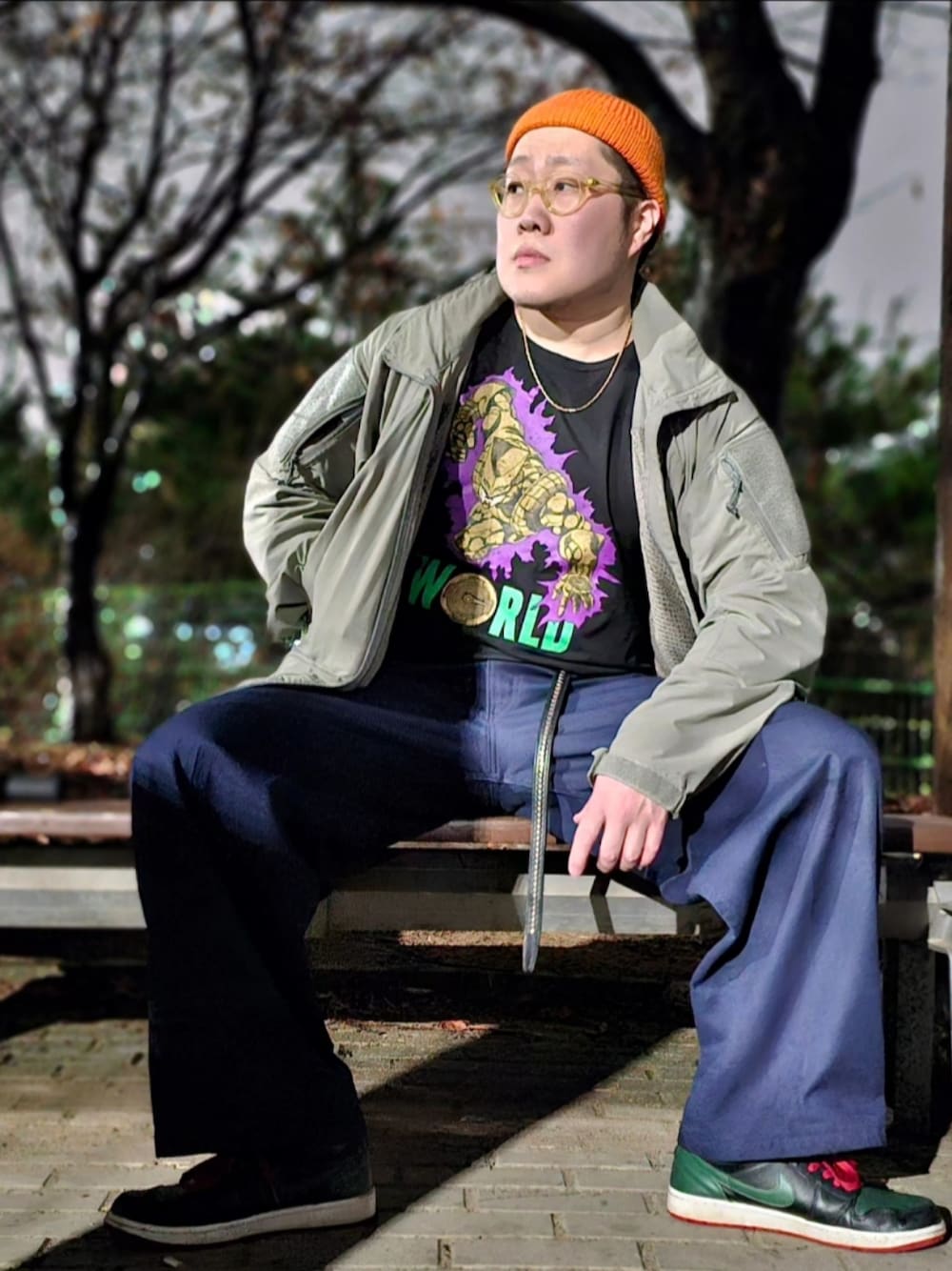 「patagonia、patagoniaMars、bendavis、ultra violence、JOJO」｜「BEN DAVISのアイテム（その他パンツ、ブルー系）」を使った、Herringさん（メンズ・178cm）の春コーディネートの1枚目の写真