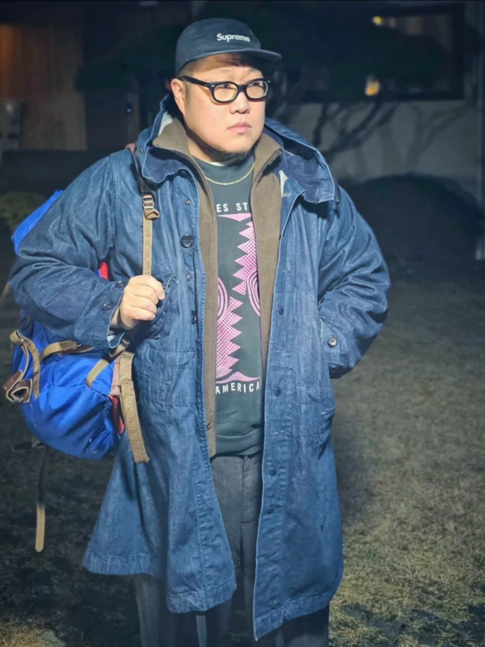 「ENGINEERED GARMENTS、south2west8、aie、chouinard dragon、american vintage、korea」｜「Supreme のアイテム（キャップ、ブラック系）」を使った、Herringさん（メンズ・178cm）の秋コーディネートの1枚目の写真