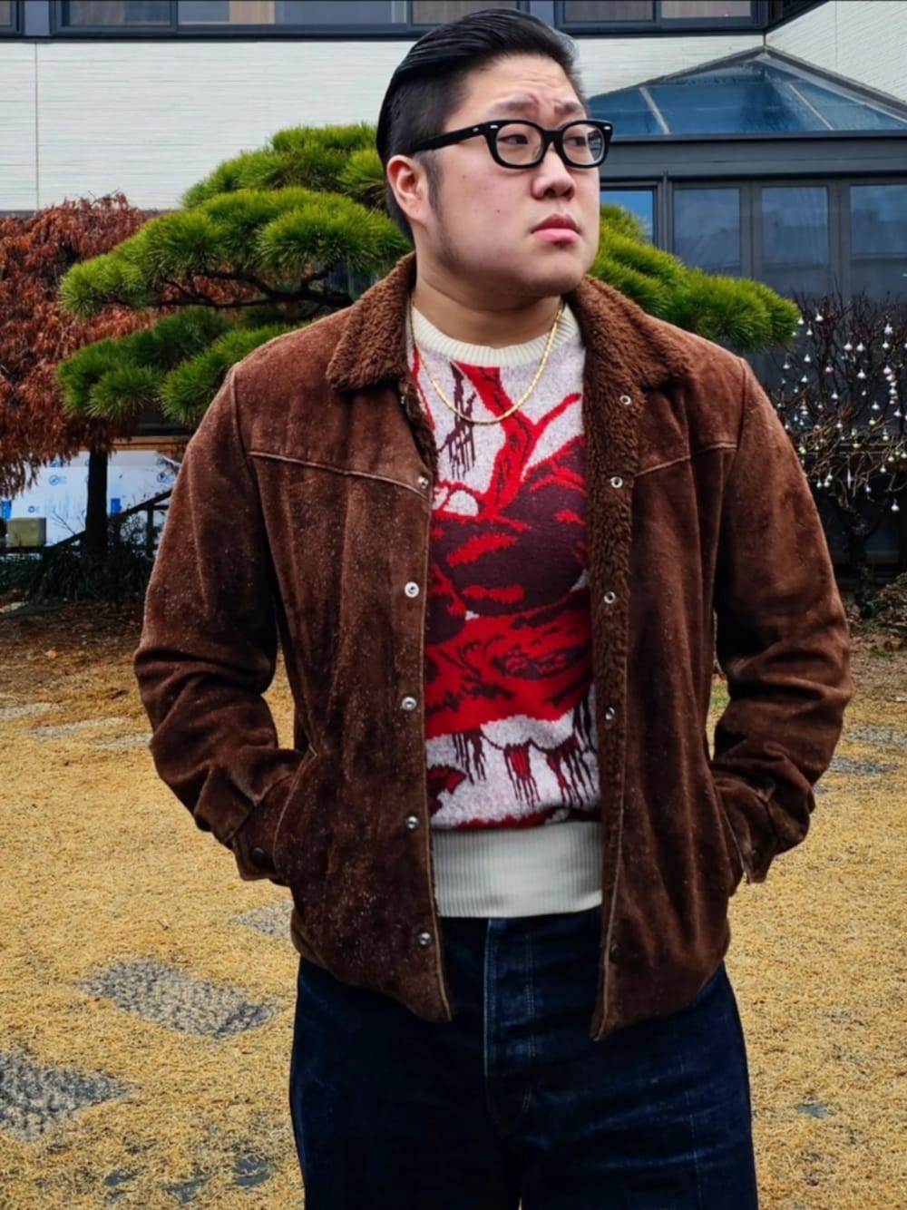 「TENDERLOIN、At last&co」｜「At Last&Coのアイテム（ニット/セーター、グレー系）」を使った、Herringさん（メンズ・178cm）の冬コーディネートの1枚目の写真