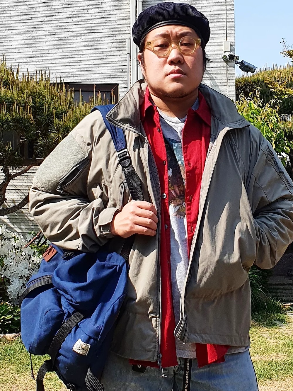 「aie、ENGINEERED GARMENTS、patagonia、mars、Rebuild by Needles、south2west8」｜「Engineered Garmentsのアイテム（ハンチング/ベレー帽、ブルー系）」を使った、Herringさん（メンズ・178cm）の春コーディネートの1枚目の写真