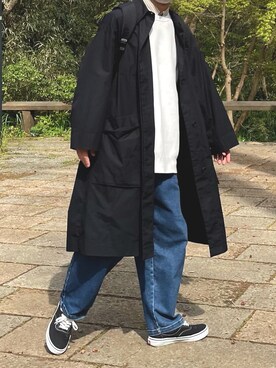「UNIQLO（ユニクロ）のアイテム（ステンカラーコート、ブラック系）」を使った、けいさん（メンズ・173cm）の春コーディネート