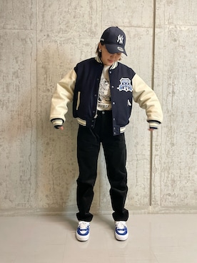 「コーデュロイパンツ」｜「アイテム（スタジャン）」を使った、こめちゃんさん（レディース・162cm）の秋コーディネート