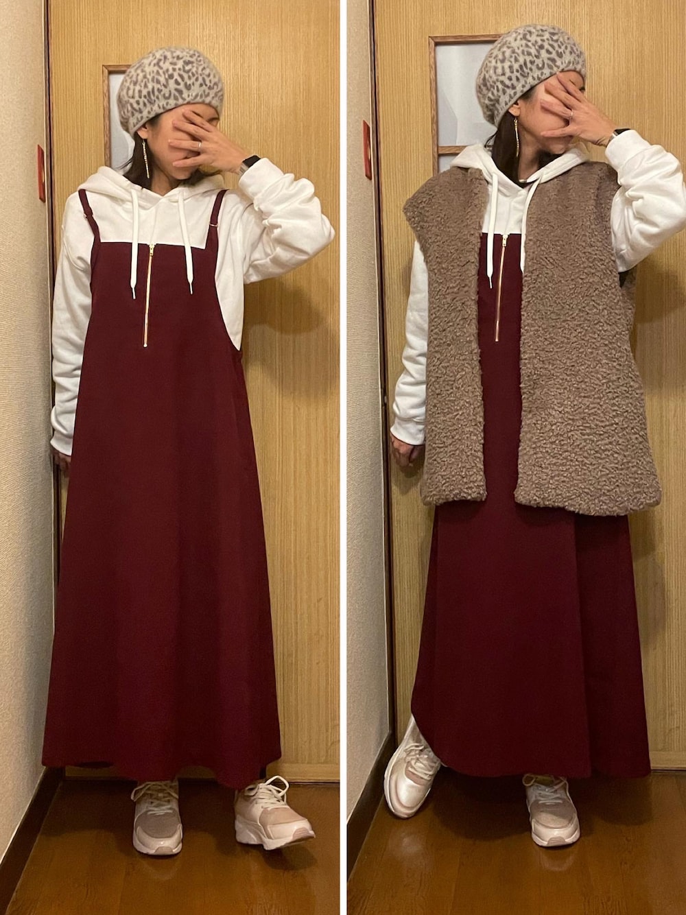 ベージュ系のスニーカー、ホワイト系のスウェット、ブラウン系のその他アウターを着用したレディースの春コーディネートの1枚目の写真