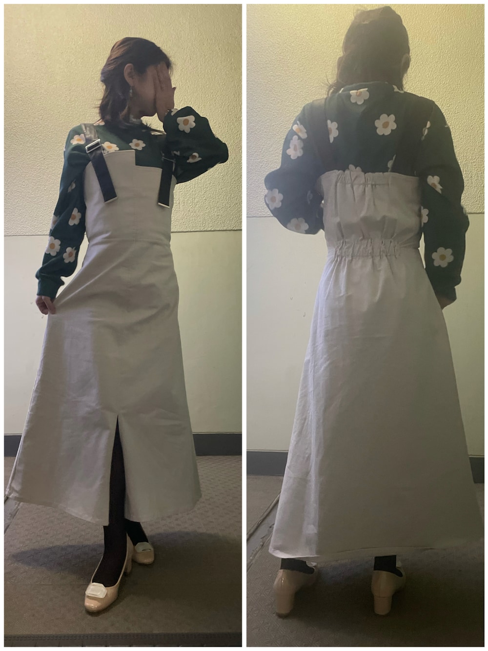 ベージュ系のパンプス、ホワイト系のオールインワン・サロペット、グリーン系のトップスを着用したレディースの春コーディネートの1枚目の写真