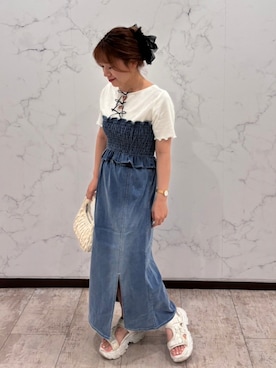 「one after another NICE CLAUP（ワンアフターアナザーナイスクラップ）のアイテム（デニムスカート）」を使った、kaoriさん（レディース・151cm）の夏コーディネート
